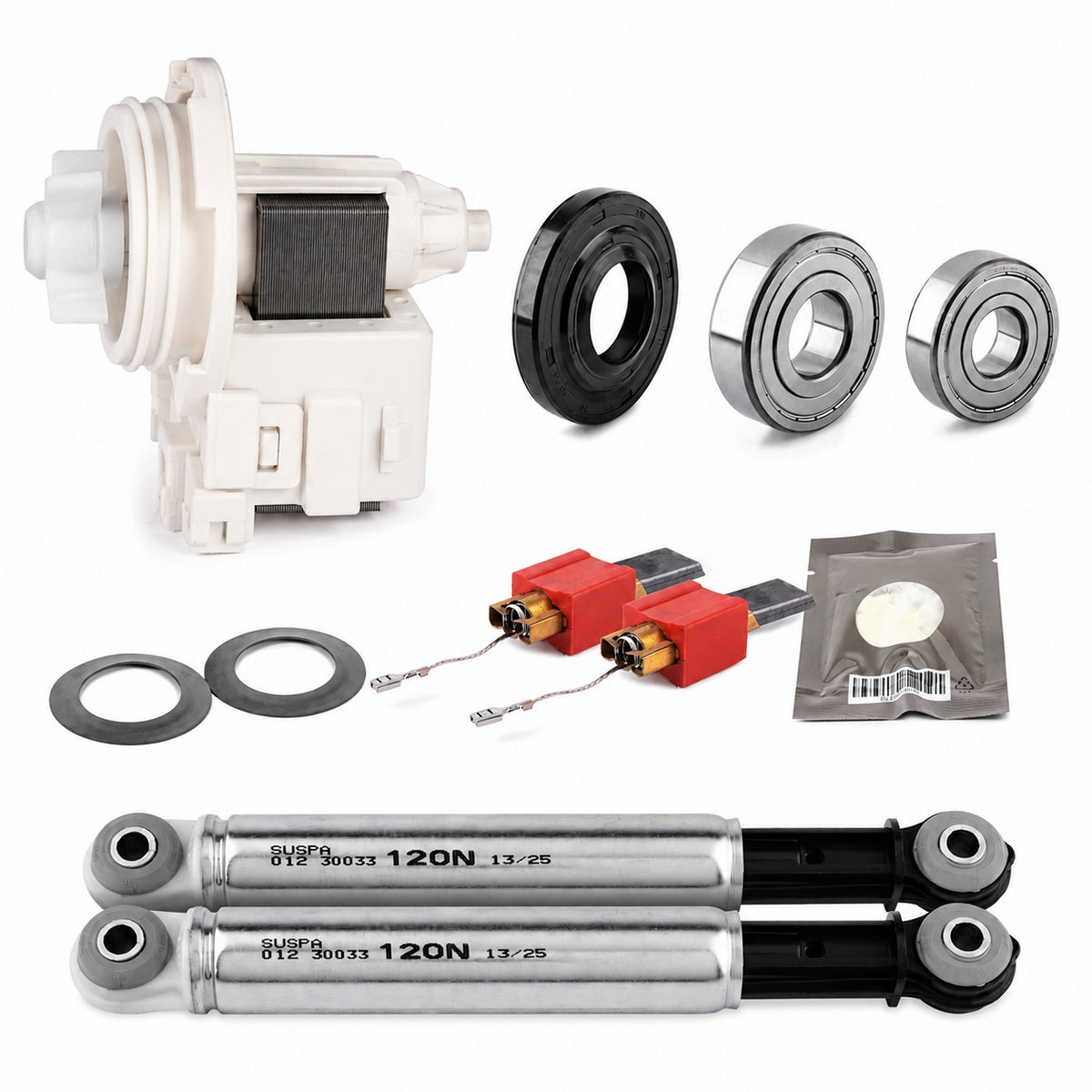 Miele W700 W800 W900 Komplett Reparatursatz mit SKF Trommellagern SUSPA Stoßdämpfern Motorkohlen Laugenpumpe und Wellendichtring